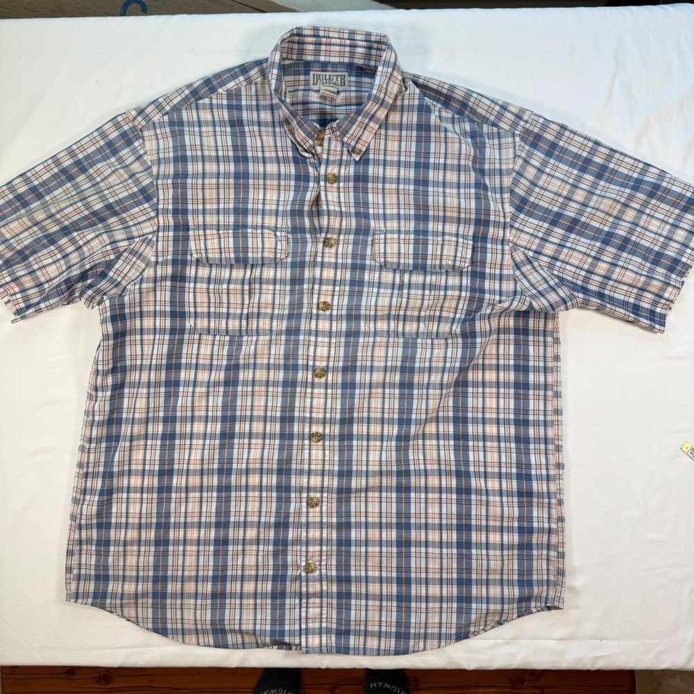 Duluth Trading Co Mens 2XL Tall Plaid Short Sleeve Button Down Work Shirt Blue